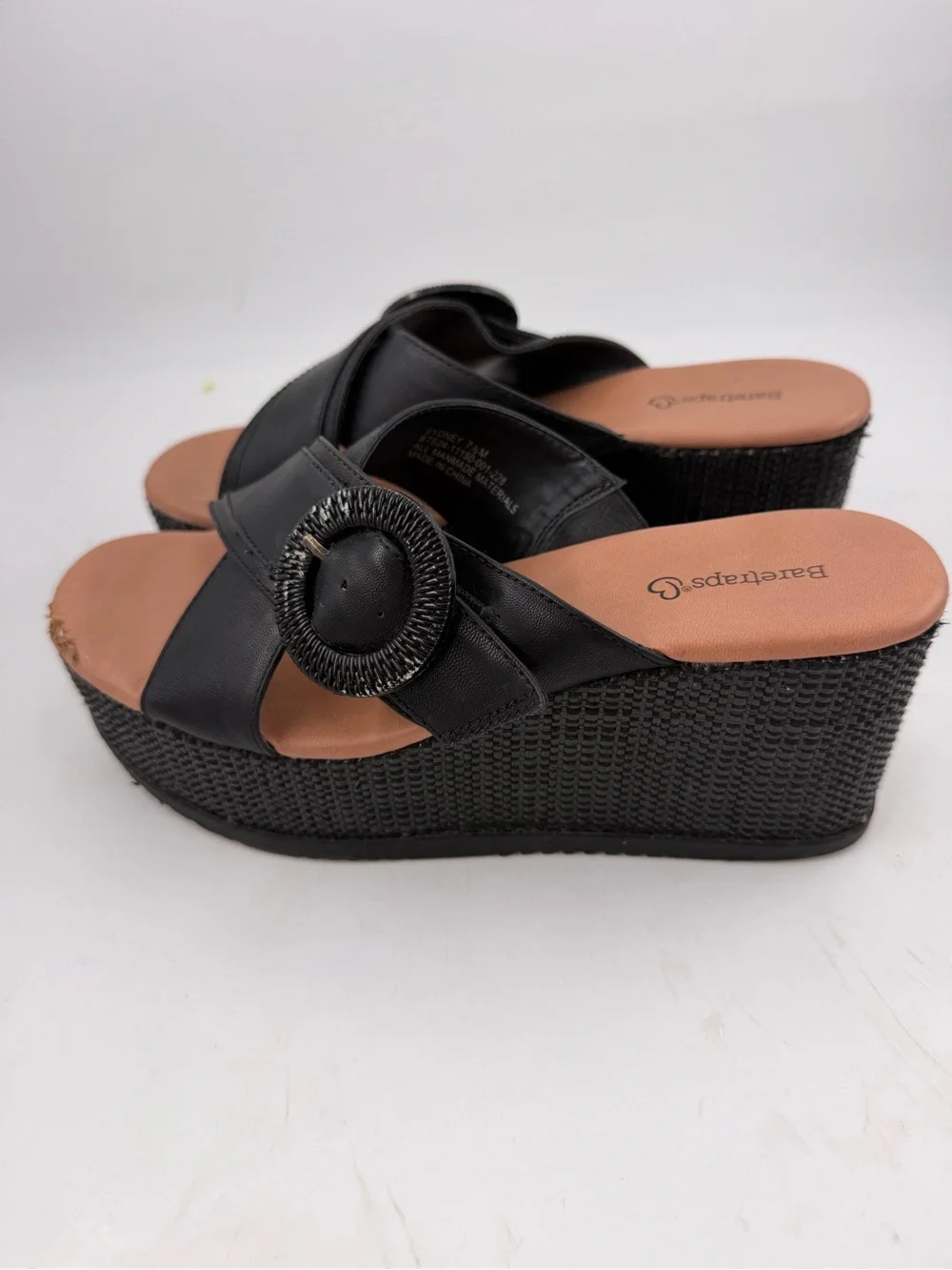 BareTraps Women’s Sydney Black -SZ 7.5- Buckled Cork Platform Wedge Sandals